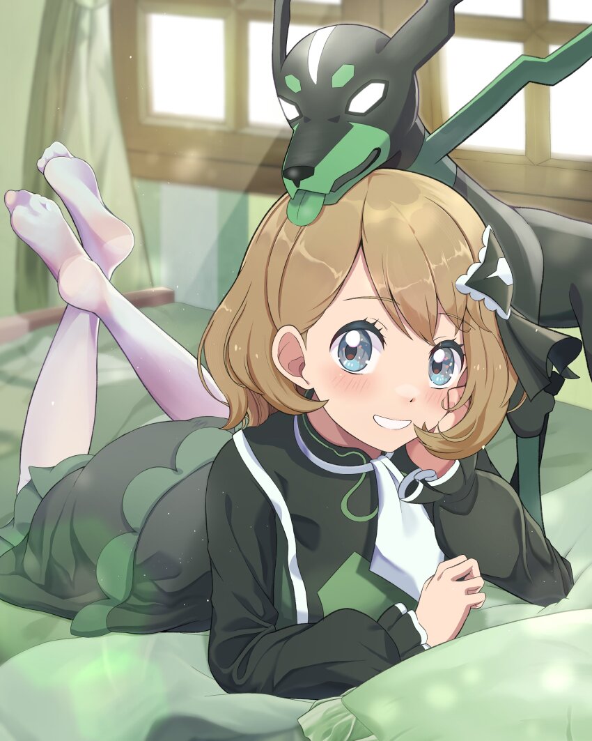 1girl, absurdres, ascot, commentary_request, crossed_ankles, dosya_252, feet, feet_up, gen_6_pokemon, grey_eyes, head_rest, highres, legendary_pokemon, light_brown_hair, looking_at_viewer, lying, nintendo, no_shoes, on_stomach, pillow, pokemon, pokemon_(creature), pokemon_masters_ex, serena_(pokemon), serena_(sygna_suit)_(pokemon), short_hair, socks, soles, the_pose, toes, tongue, tongue_out, white_ascot, white_socks, window, zygarde, zygarde_(10%)