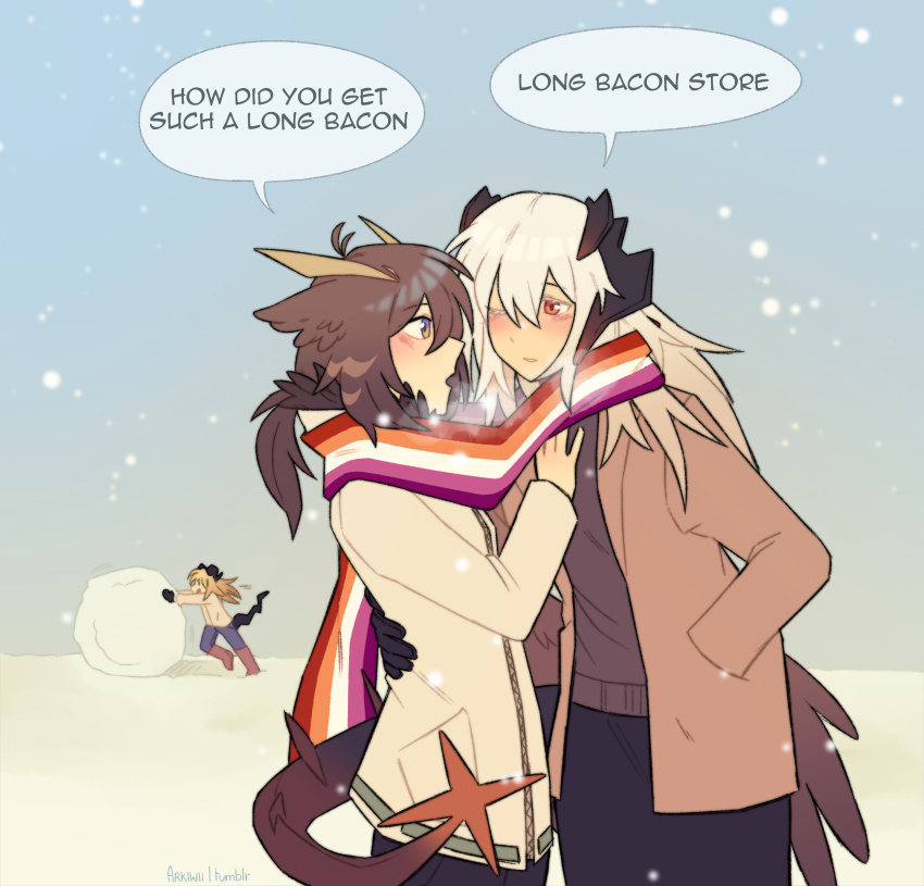 3girls, arkiwi, arknights, artist_name, blonde_hair, blush, brown_hair, brown_sweater