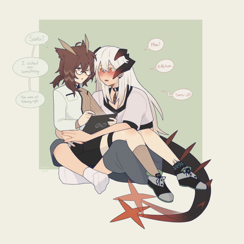 2girls, arkiwi, arknights, artist_name, black_choker, black_footwear, black_shorts, blush