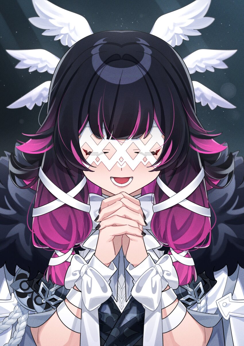 1girl, absurdres, aiguillette, arm_ribbon, black_hair, black_nails, blunt_bangs, bow