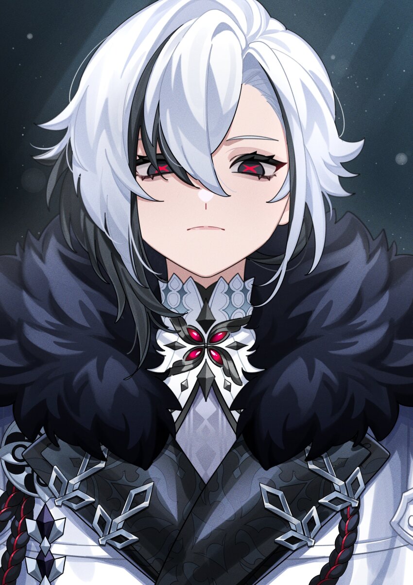 1girl, absurdres, aiguillette, arlecchino_(genshin_impact), black_eyes, black_hair, closed_mouth, coat, commentary, crossed_bangs, english_commentary, eyelashes, fatui_coat, frown, fur-trimmed_coat, fur_trim, genshin_impact, grey_background, grimruu, hair_between_eyes, highres, lapels, light_particles, light_rays, looking_at_viewer, multicolored_hair, parted_bangs, red_pupils, serious, shirt, sidelocks, simple_background, solo, streaked_hair, symbol-shaped_pupils, upper_body, white_coat, white_hair, white_shirt, x-shaped_pupils
