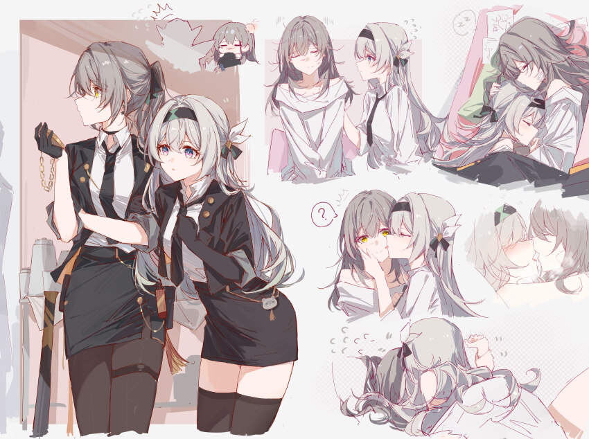 2girls, ?, absurdres, alternate_costume, black_gloves, black_hairband, black_jacket, black_necktie, black_pantyhose, black_skirt, black_thighhighs, closed_eyes, firefly_(honkai:_star_rail), firefly_(jepella_rebellion)_(honkai:_star_rail), flying_sweatdrops, gloves, grey_hair, hair_spread_out, hairband, highres, honkai:_star_rail, honkai_(series), jacket, kiss, multiple_girls, necktie, off-shoulder_shirt, off_shoulder, official_alternate_costume, pantyhose, pencil_skirt, purple_eyes, revision, shirt, skirt, spoken_question_mark, stelle_(honkai:_star_rail), thighhighs, trailblazer_(honkai:_star_rail), white_shirt, yajuu, yellow_eyes, yuri