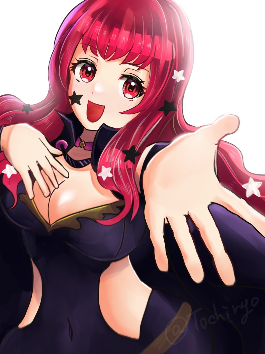 1girl, absurdres, black_cape, bodysuit, cape, choker, clothing_cutout, facial_mark