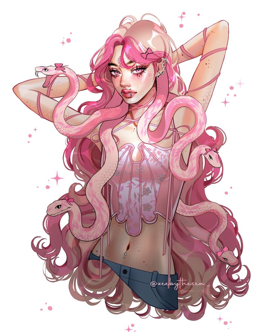 1girl, blonde_hair, eyebrow_piercing, face_piercing, fangs, highres, lip_piercing, long_hair