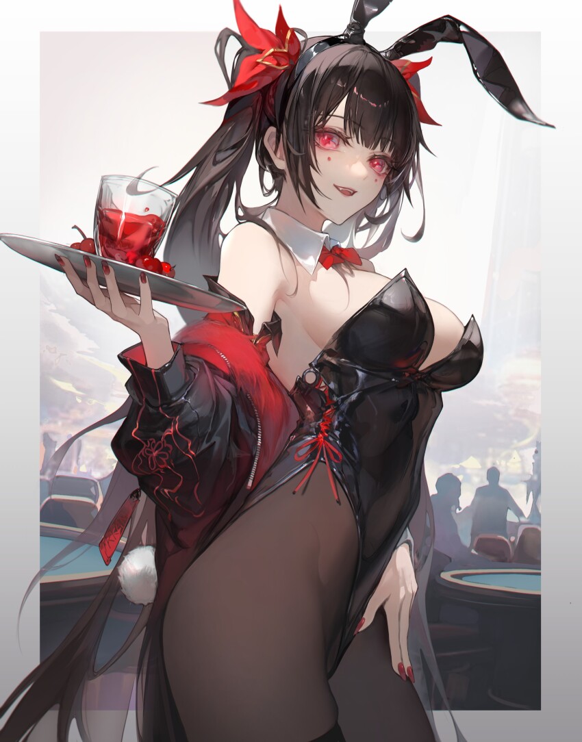 1girl, absurdres, alternate_costume, animal_ears, black_hair, black_leotard, black_pantyhose, border, bow, bowtie, breasts, casino, cherry, commentary, cowboy_shot, cup, detached_collar, detached_sleeves, fake_animal_ears, food, from_side, fruit, gradient_border, grey_border, hand_on_own_hip, highleg, highleg_leotard, highres, holding, holding_tray, honkai:_star_rail, honkai_(series), indoors, kkamiiz, leotard, long_hair, looking_at_viewer, medium_breasts, nail_polish, pantyhose, playboy_bunny, puffy_sleeves, rabbit_ears, rabbit_tail, red_bow, red_bowtie, red_eyes, red_nails, side-tie_leotard, sideboob, solo, sparkle_(honkai:_star_rail), strapless, strapless_leotard, untranslatable_commentary, tail, tray, twintails, white_border