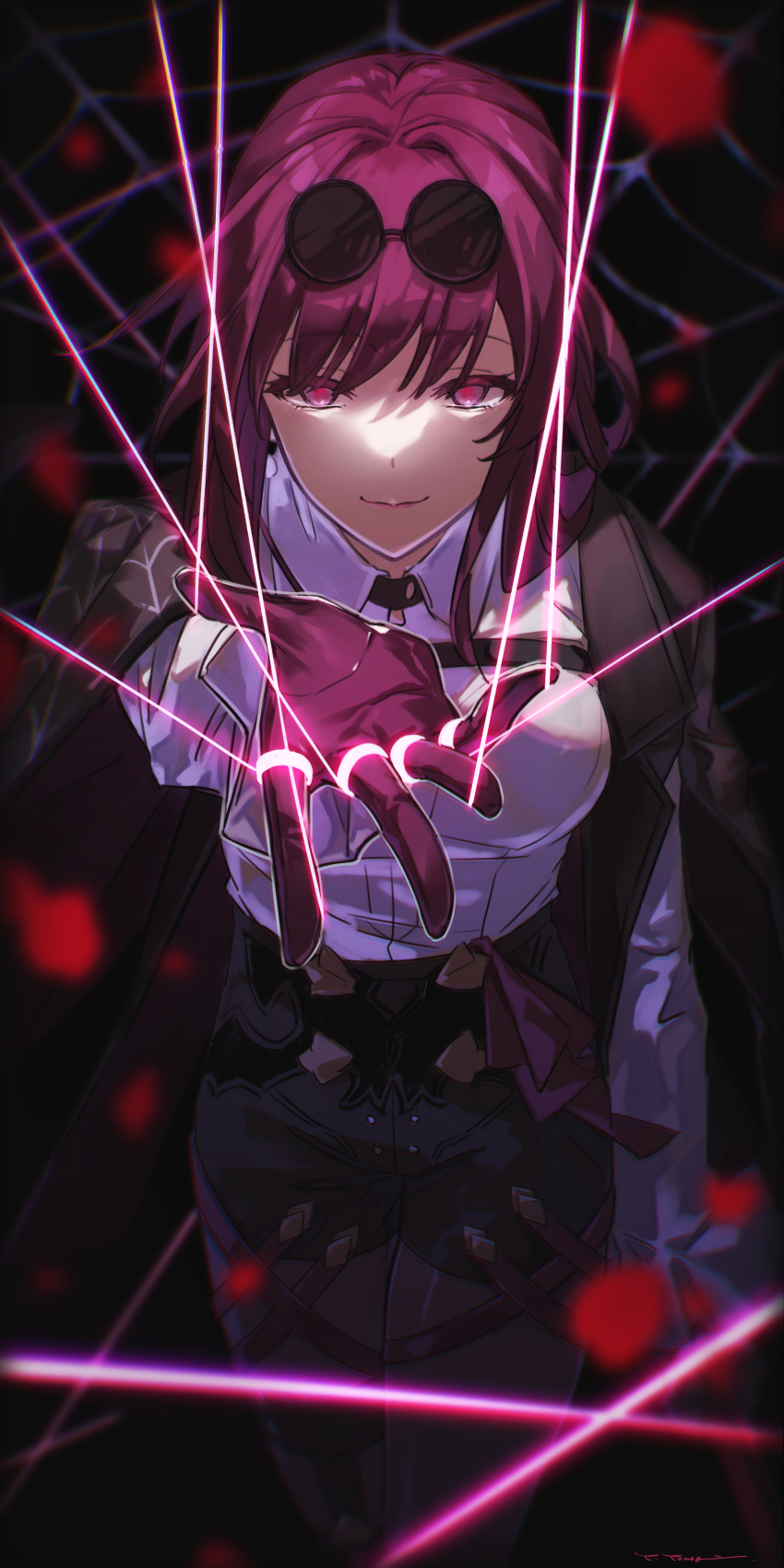 1girl, absurdres, black_jacket, black_shorts, breasts, collared_shirt, commentary_request, cowboy_shot