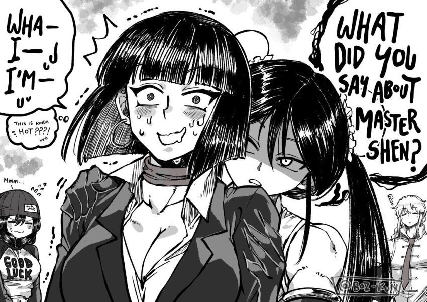 1boy, 3girls, breasts, choker, cleavage, earrings, english_text, formal_clothes, izumo_fuuko, jewelry, large_breasts, latla_mirah, mui_(undead_unluck), multiple_girls, rusky, shen_xiang, speech_bubble, suit, tagme, twintails, undead_unluck