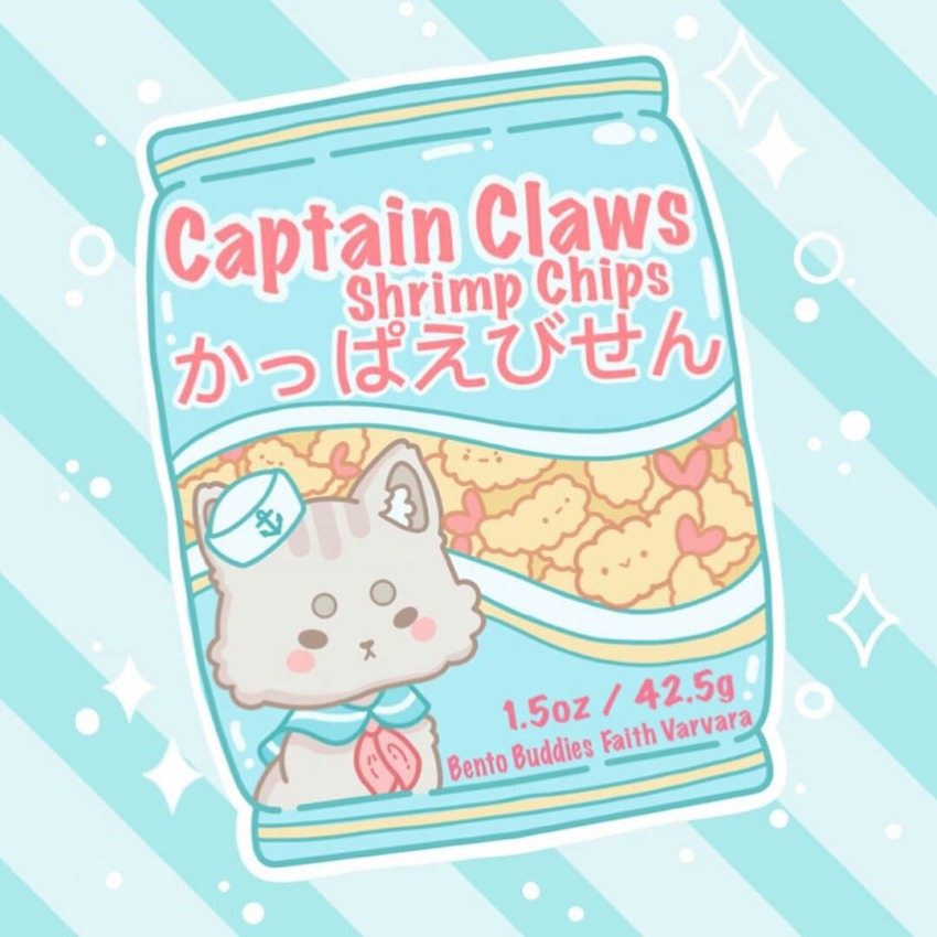 anchor_print, animal, artist_name, black_eyes, blue_background, blue_sailor_collar, blush_stickers, bubble, cat, closed_mouth, clothed_animal, commentary, english_commentary, english_text, faith_varvara, food, food_focus, food_wrapper, frown, grey_cat, hat, mini_hat, mixed-language_text, neckerchief, no_humans, original, outline, red_neckerchief, sailor_collar, sailor_hat, shrimp, shrimp_tempura, simple_background, snack, solid_oval_eyes, sparkle, striped_background, tempura, white_hat, white_outline