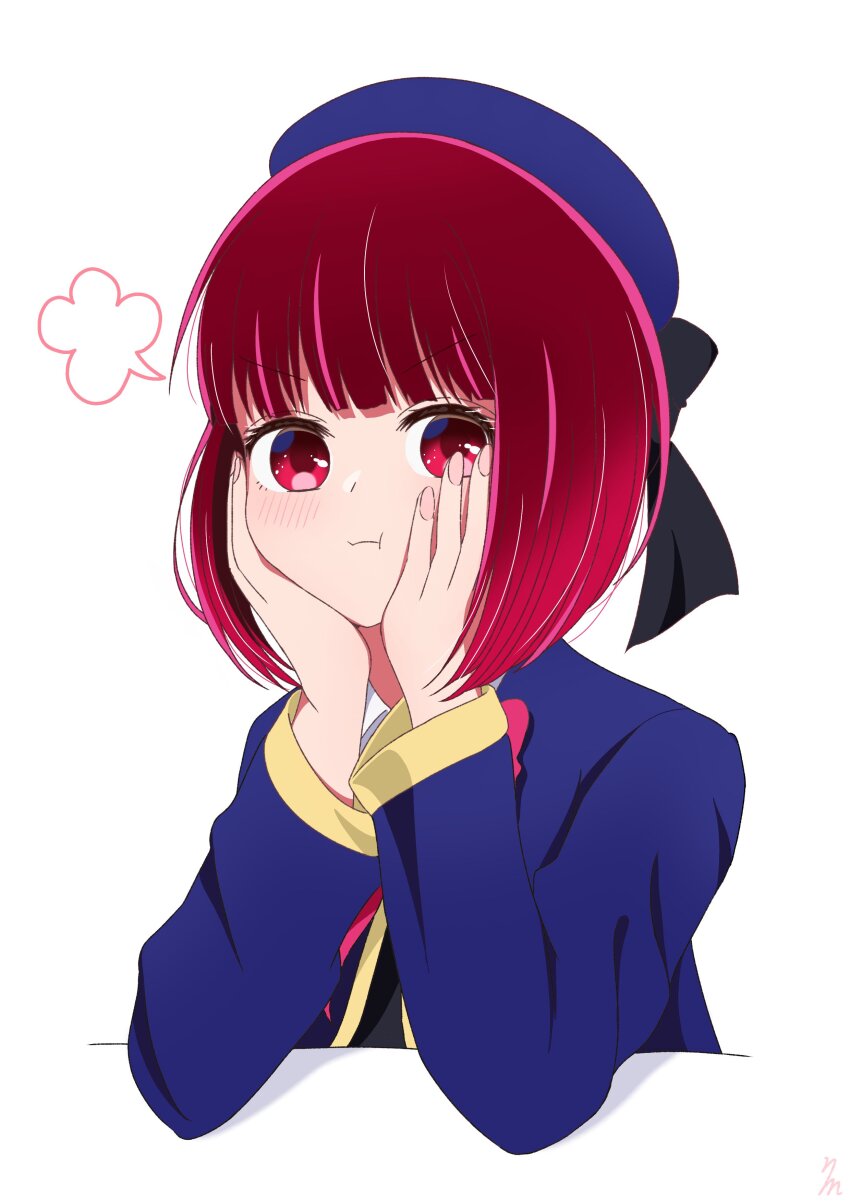 1girl, :t, absurdres, arima_kana, beret, black_ribbon, blue_hair, blue_jacket
