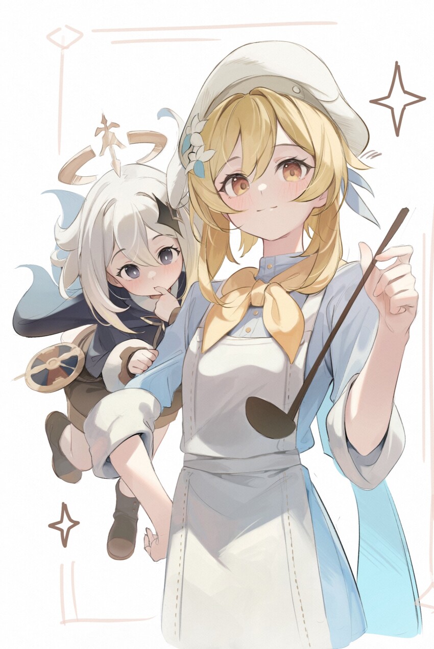 2girls, absurdres, apron, blonde_hair, blue_eyes, chef, chef_hat, commentary_request