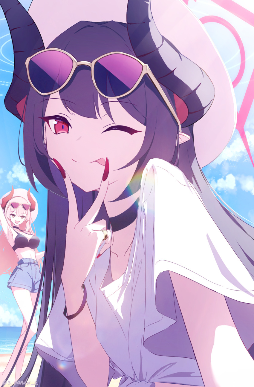 2girls, alternate_costume, beach, bikini, black_bikini, black_choker, black_hair, blue_archive, chiaki_(blue_archive), choker, denim, denim_shorts, eyewear_on_head, halo, hat, highres, horns, multiple_girls, ocean, one_eye_closed, pink_hair, pointy_ears, red_eyes, s_panda_k, satsuki_(blue_archive), shirt, shorts, sunglasses, swimsuit, tied_shirt, tongue, tongue_out, v, white_shirt, yellow_eyes