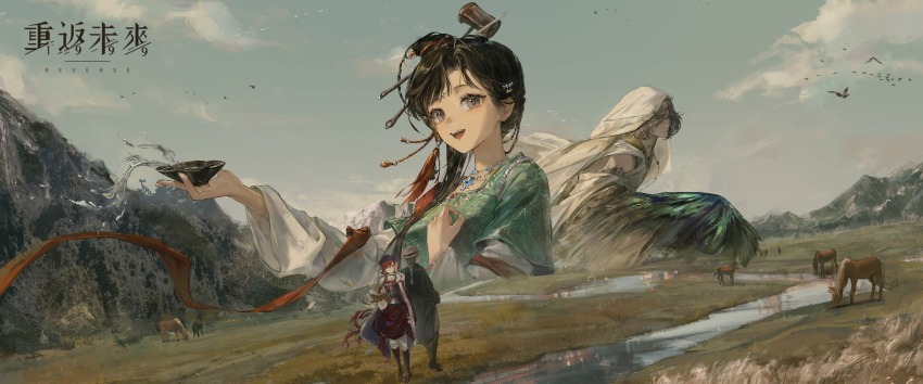 1boy, 3girls, :d, alcohol, bessmert_(reverse:1999), bird_wings, black_coat, black_eyes