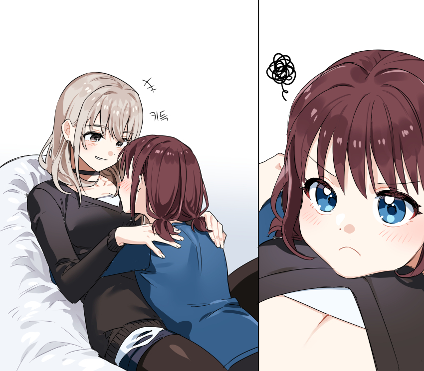 2girls, absurdres, black_choker, black_pantyhose, black_shirt, blue_eyes, blue_shirt, blush, breasts, choker, cleavage, closed_mouth, commentary, cuddling, frown, girls_band_cry, grey_eyes, habsida_(habsida_hpy), hands_on_another's_shoulders, head_on_chest, highres, iseri_nina, kawaragi_momoka, light_brown_hair, long_hair, looking_at_another, multiple_girls, pantyhose, parted_lips, red_hair, shirt, short_twintails, simple_background, smile, squiggle, twintails, white_background, yuri