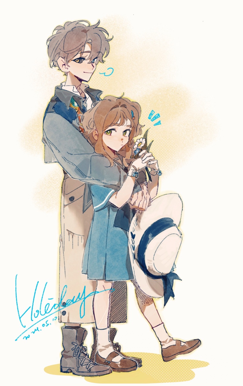 1boy, 1girl, :/, a_xing, absurdres, ankle_boots, ankle_socks, arms_around_neck