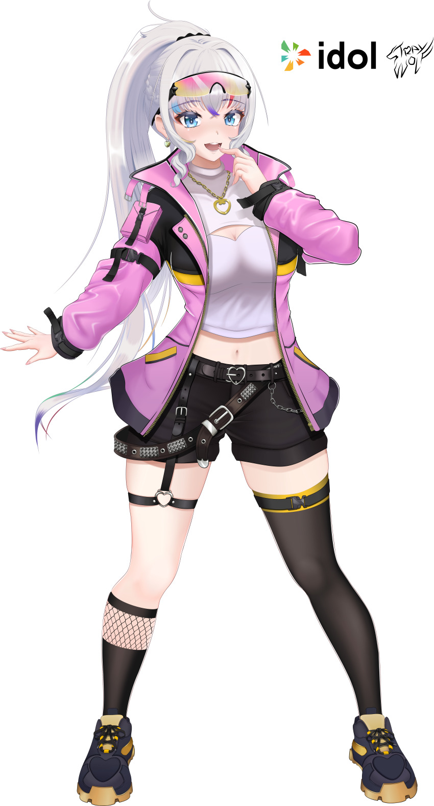 1girl, absurdres, artist_logo, asymmetrical_legwear, belt, black_belt, black_jacket, black_scrunchie