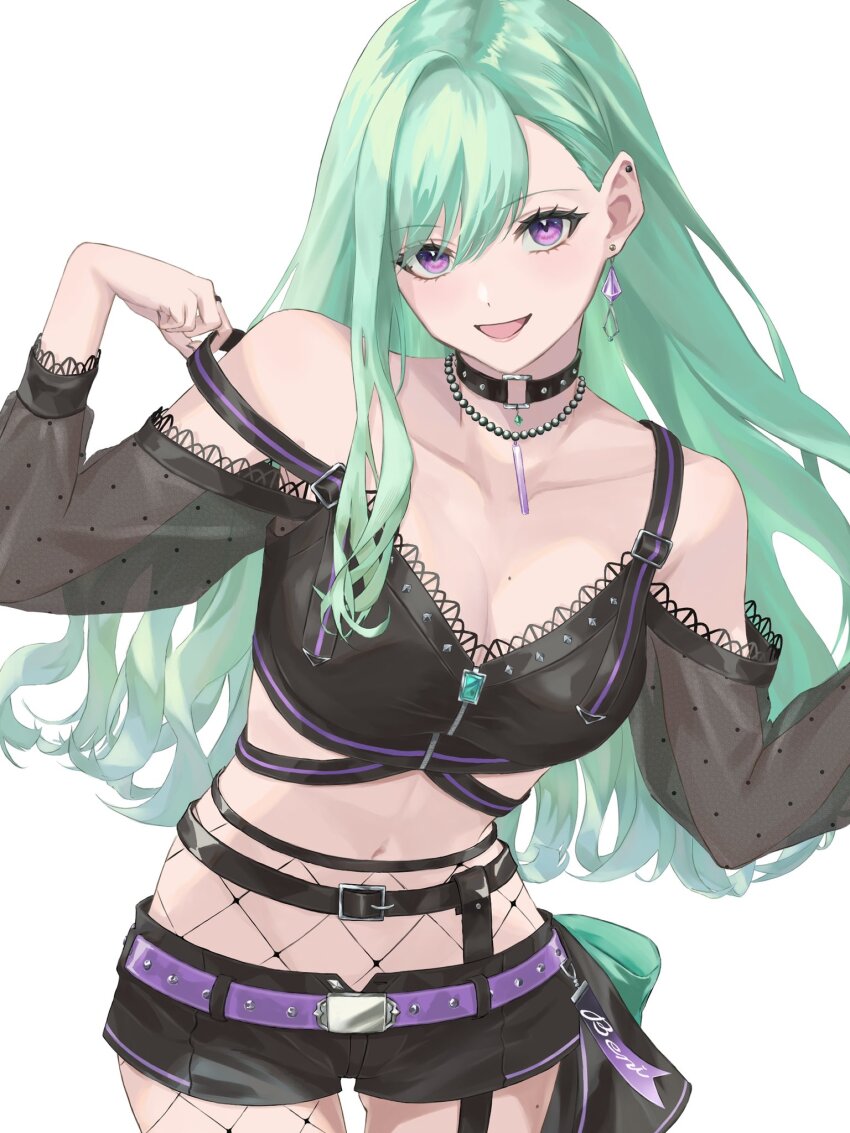 1girl, belt, black_choker, black_shorts, breasts, choker, crop_top, daidai_neroli