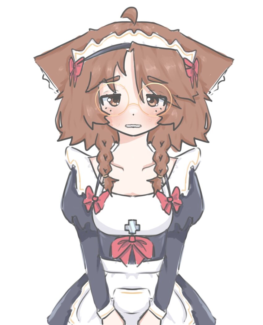 1girl, absurdres, ahoge, alternate_costume, animal_ears, apron, black_dress, blush, bow, braid, brown_eyes, brown_hair, cat_ears, cat_girl, collarbone, cross, dot_nose, dress, ears_down, enmaided, framed_breasts, highres, indie_virtual_youtuber, jitome, juliet_sleeves, long_sleeves, maid, maid_day, maid_headdress, miaelou, miaelou_(artist), own_hands_together, parted_lips, puffy_sleeves, red_bow, round_eyewear, short_hair, swept_bangs, twin_braids, upper_body, virtual_youtuber, waist_apron, white_background, yellow-framed_eyewear