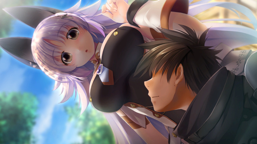 1boy, 1girl, :o, animal_ears, atelier-moo, bare_shoulders, black_hair, blush