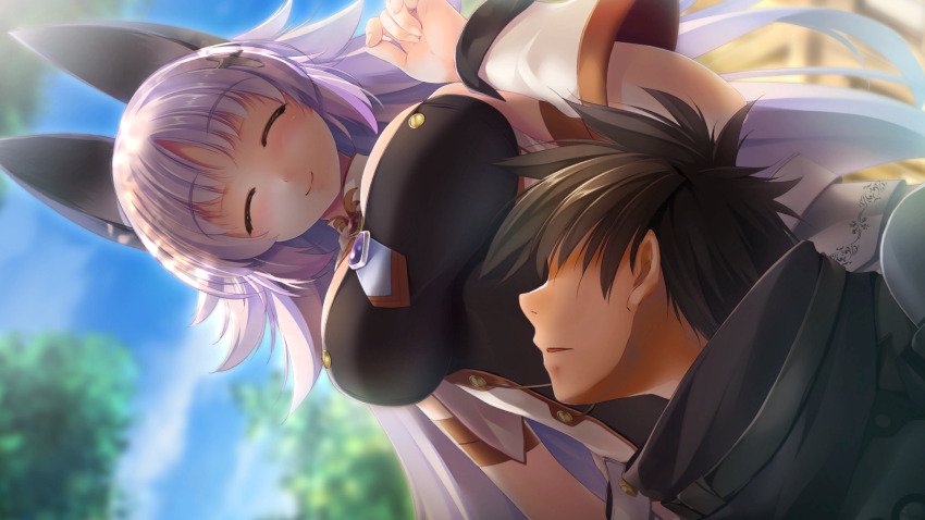1boy, 1girl, ^_^, animal_ears, atelier-moo, bare_shoulders, black_hair, blush, breasts, closed_eyes, closed_mouth, detached_sleeves, faceless, faceless_male, forest, from_below, hair_ornament, highres, large_breasts, long_hair, looking_down, lying, mana_(our_battle_has_just_begun!), narrow_waist, nature, oma_(our_battle_has_just_begun!), our_battle_has_just_begun!, purple_hair, short_hair, smile, tail, wolf_girl, wolf_tail