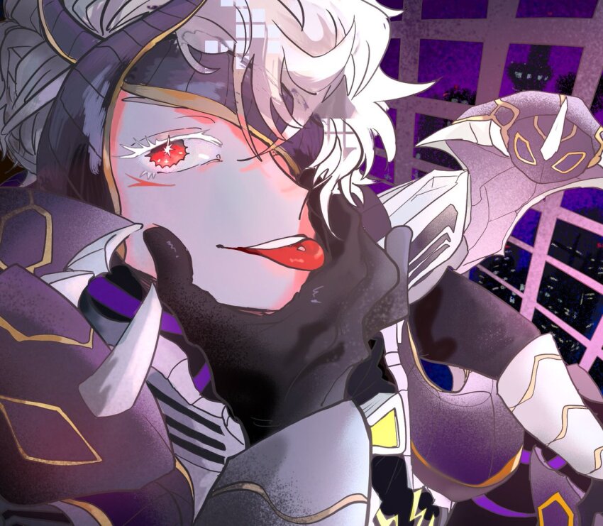 1boy, 2024, adk-em, armor, bandai, bandai_namco, building, cobra_(animal), colored_eyelashes, gloves, hair_ornament, hand_on_own_face, holding_detached_head, ishimori_prod, kaede_1402, kamen_rider, kamen_rider_kouki, kamen_rider_ouja, kamen_rider_ryuki_(series), kouki_(ride_kamens), liber_entertainment, licking_lips, night, piercing, ride_kamens, sky, snake, snake_hair_ornament, toei_company, tongue, tongue_out, tongue_piercing, tv_asahi, twitter, white_hair, wisdom_thinks