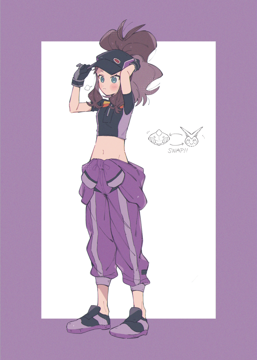 1girl, aqua_eyes, arrow_(symbol), black_hat, blush, border, brown_hair, closed_mouth