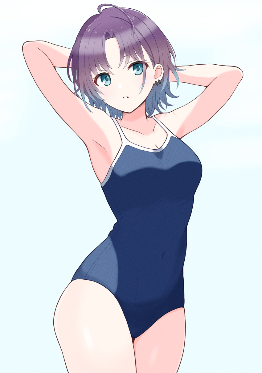 1girl, absurdres, ahoge, aqua_hair, armpits, arms_behind_head, asakura_toru, blue_background