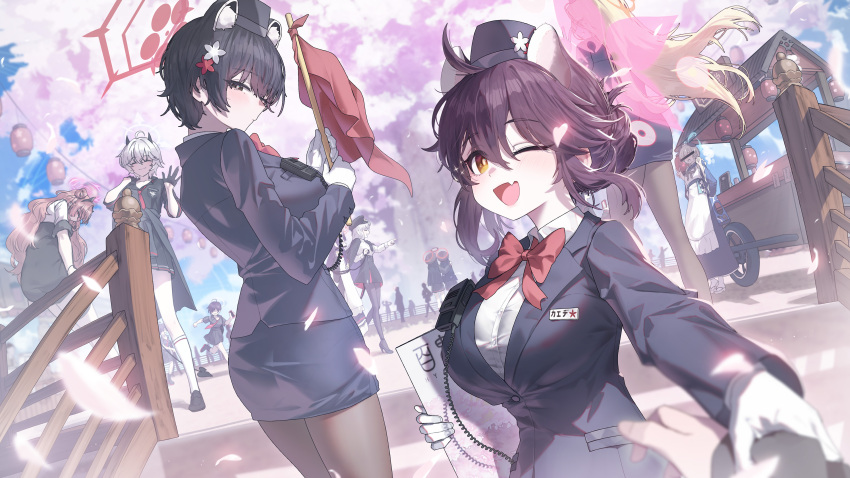 6+girls, absurdres, ahoge, animal_ears, black_eyes, black_footwear, black_gloves, black_hair