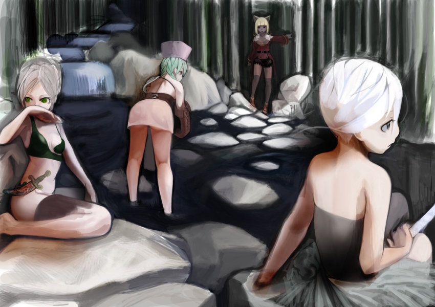 4girls, animal_ears, bad_id, bad_pixiv_id, blonde_hair, cat_ears, dagger, dark-skinned_female