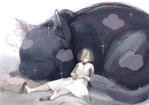 1girl, bad_id, bad_pixiv_id, blonde_hair, cat, dress, female_focus, mini_person