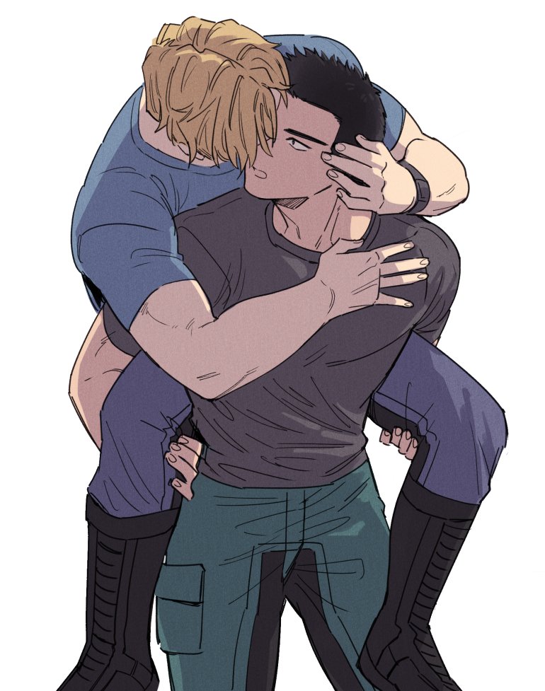 2boys, ao_isami, bara, black_hair, blonde_hair, carrying, couple, facial_hair