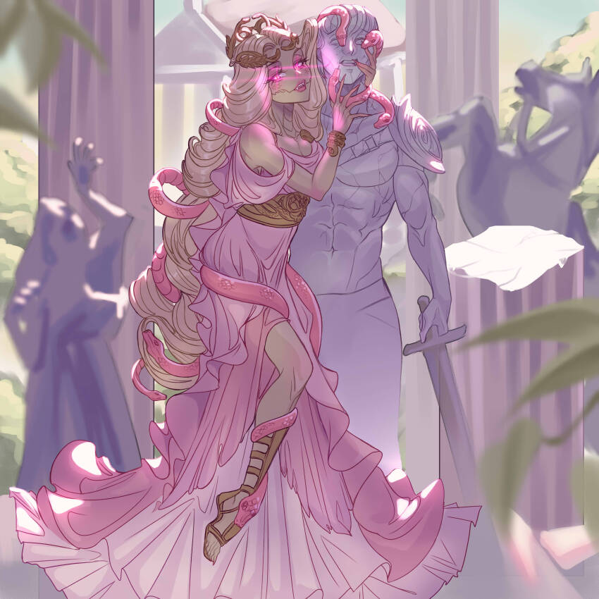 1girl, absurdres, ancient_greek_clothes, bare_arms, bare_shoulders, blonde_hair, bracelet, dress, eyeshadow, fingernails, glowing, glowing_eyes, greco-roman_clothes, hair_intakes, head_grab, highres, holding, jewelry, laurel_crown, long_fingernails, long_hair, looking_at_viewer, luverihu, makeup, monster_high, monster_high_(g1), off-shoulder_dress, off_shoulder, petrification, pink_dress, pink_eyes, pink_eyeshadow, pink_nails, pink_snake, scales, sharp_fingernails, sidelocks, single_bare_leg, snake, snake_girl, snake_hair, solo, statue, toeless_footwear, toned, very_long_hair, viperine_gorgon