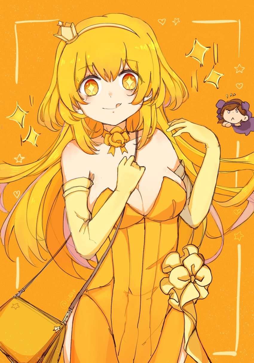 2girls, :q, bag, bare_shoulders, blonde_hair, breasts, bright_pupils, brown_hair