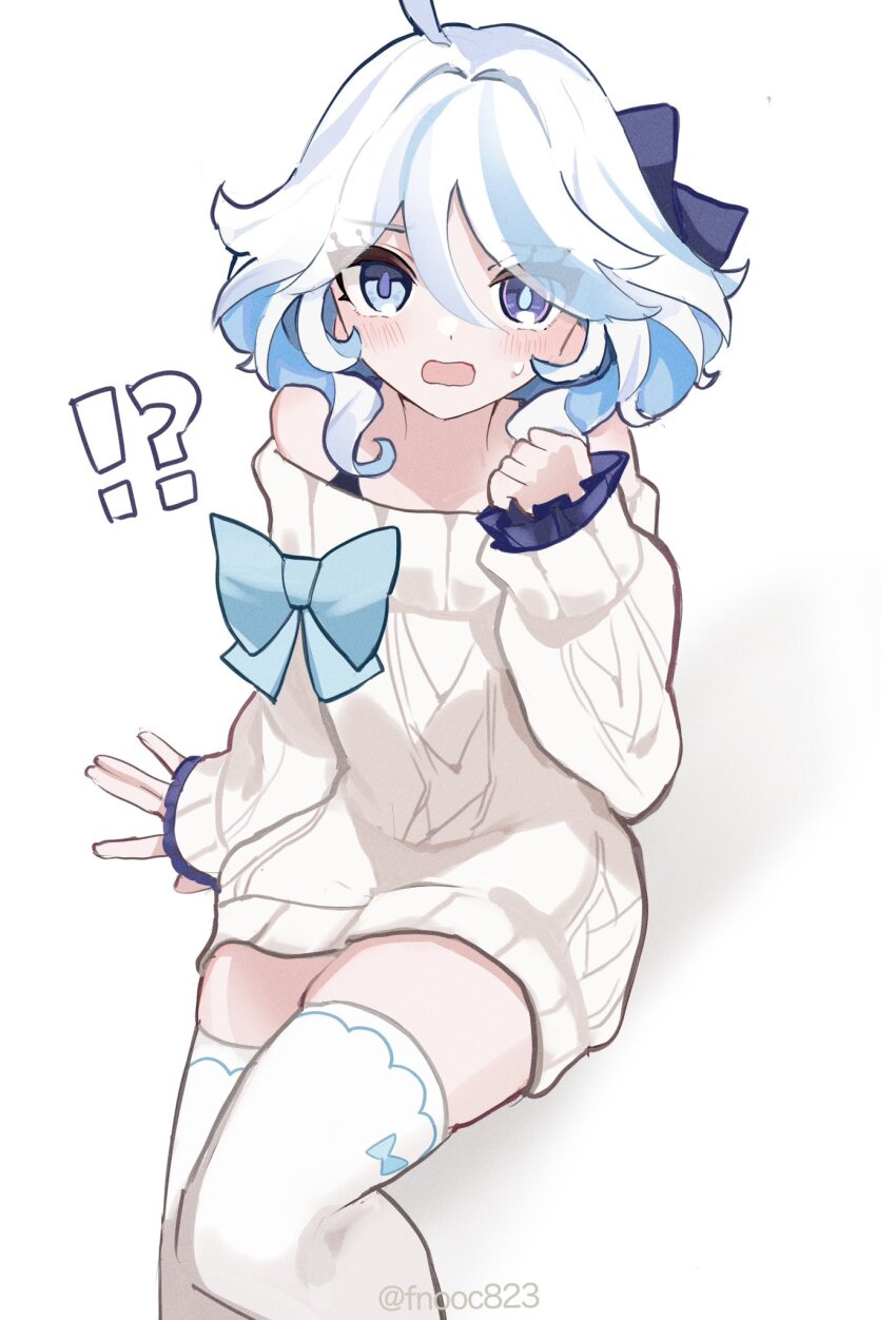 !?, 1girl, ahoge, alternate_costume, arm_support, bare_shoulders, blue_eyes, blue_hair, blue_ribbon, blush, breasts, chaena_(exmd3552), commentary, cowlick, drop-shaped_pupils, fluffy_hair, frilled_sleeves, frills, furina_(genshin_impact), genshin_impact, hair_between_eyes, hair_ribbon, hand_up, heterochromia, highres, light_blue_hair, looking_at_viewer, mismatched_pupils, multicolored_hair, off_shoulder, open_mouth, ribbon, sitting, small_breasts, solo, streaked_hair, surprised, sweatdrop, sweater, symbol-shaped_pupils, thighhighs, twitter_username, two-tone_hair, white_background, white_hair, white_thighhighs, zettai_ryouiki