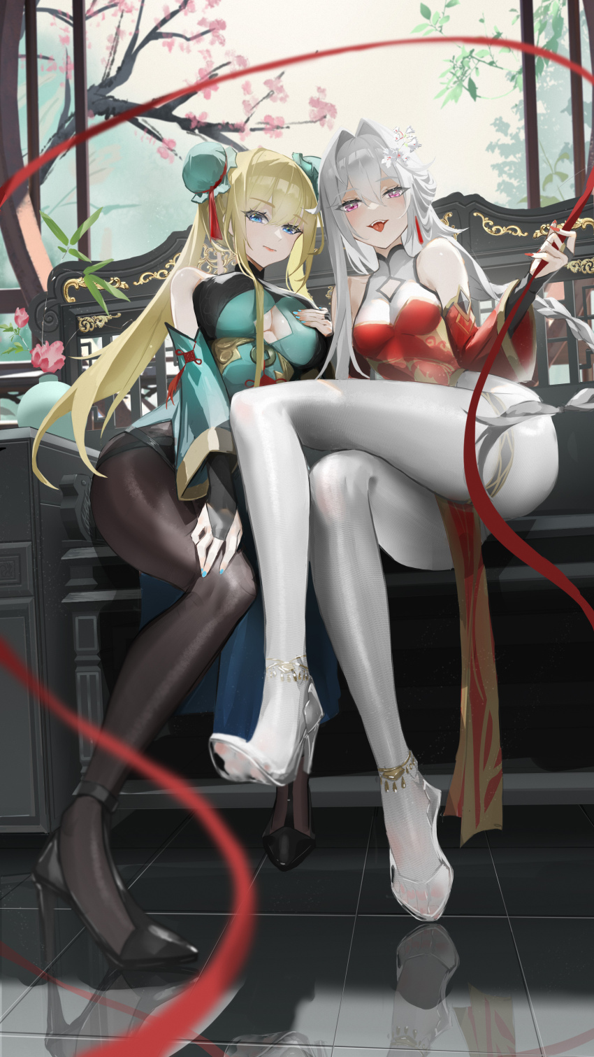 2girls, absurdres, ass, bare_shoulders, blonde_hair, blue_eyes, breasts, bridal_gauntlets