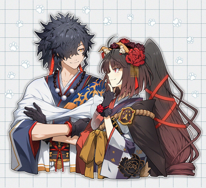 1boy, 1girl, ahoge, animal_ears, black_gloves, black_hair, brown_hair, checkered_clothes