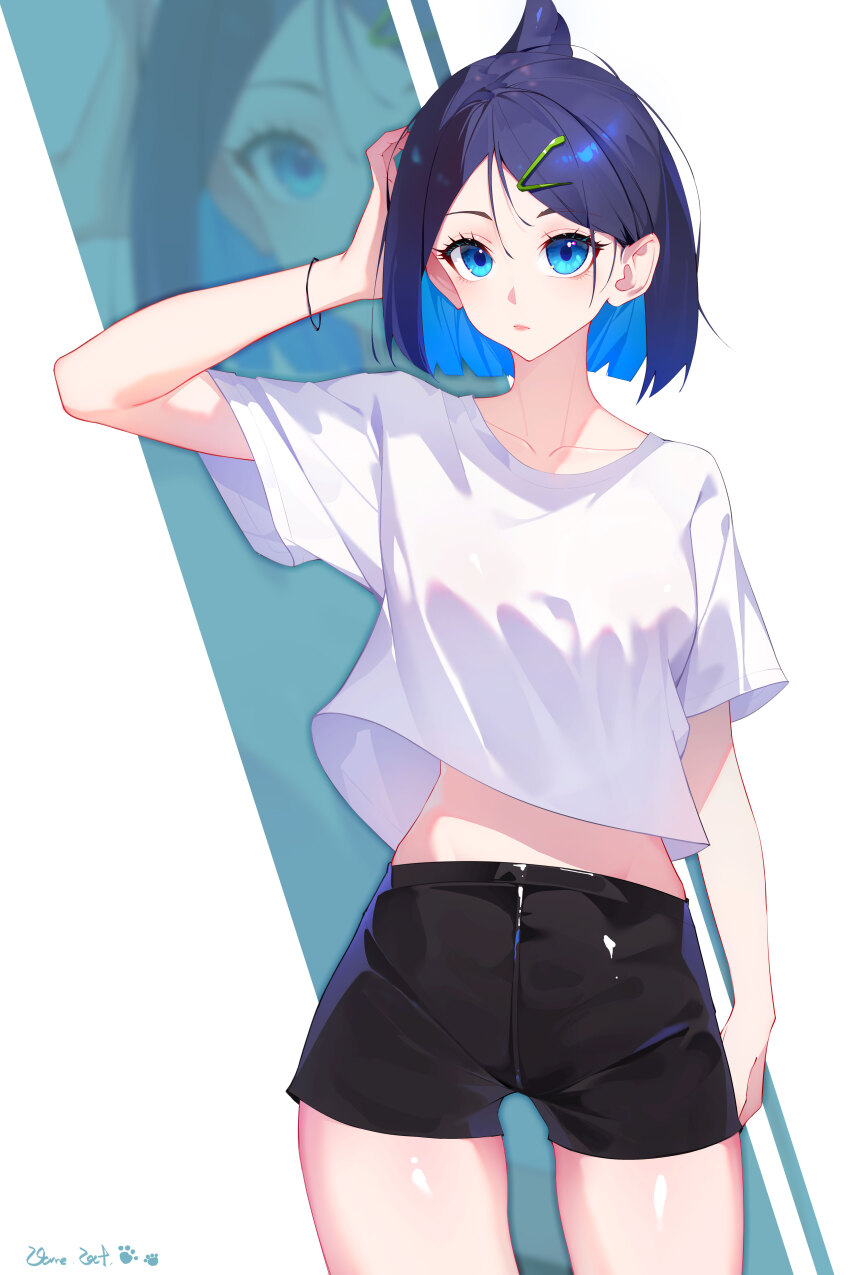 1girl, absurdres, alternate_hair_length, alternate_hairstyle, arm_at_side, black_hair, black_shorts, blue_eyes