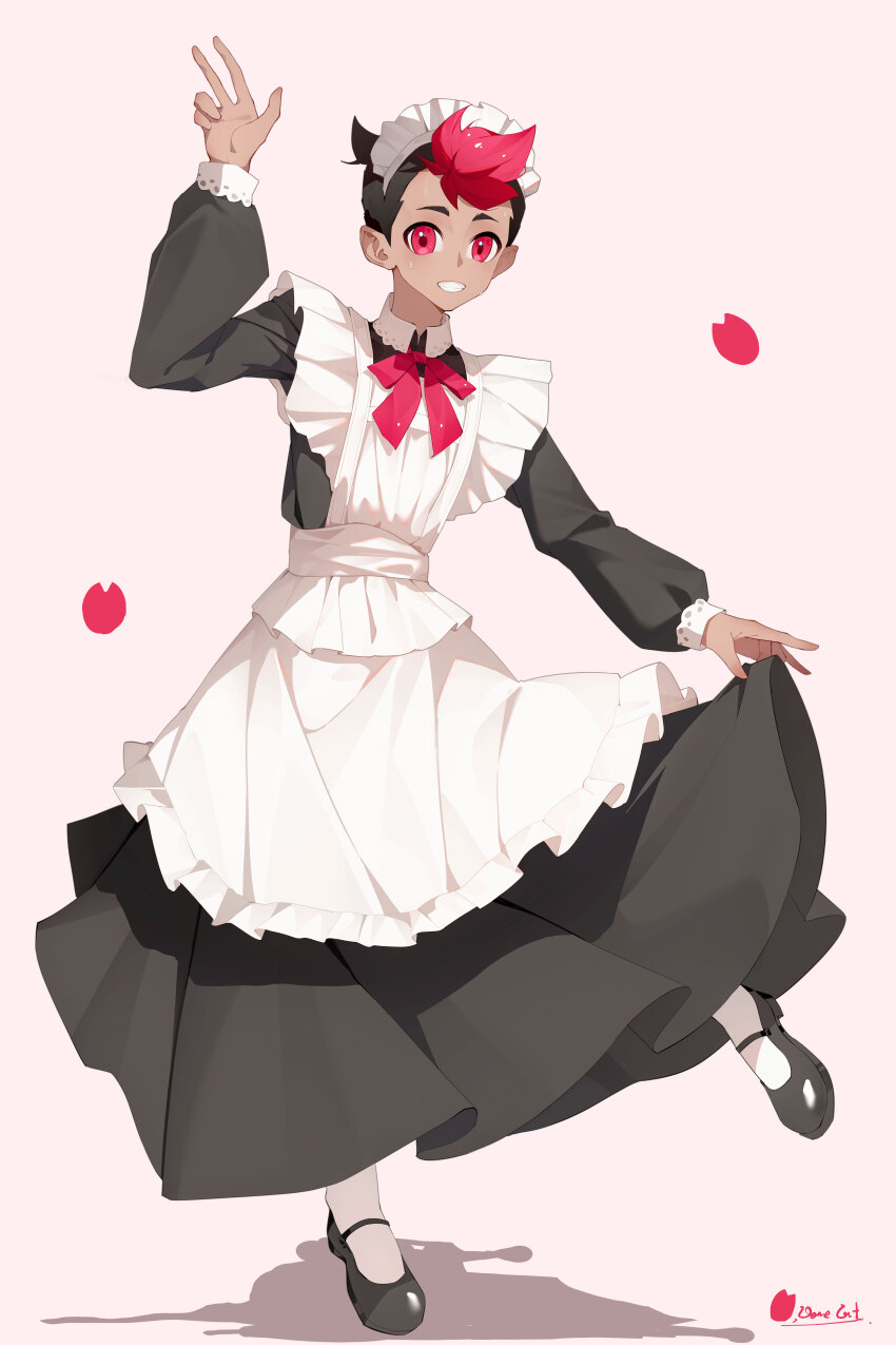 1boy, absurdres, alternate_costume, apron, arm_up, black_dress, black_shoes, commentary_request