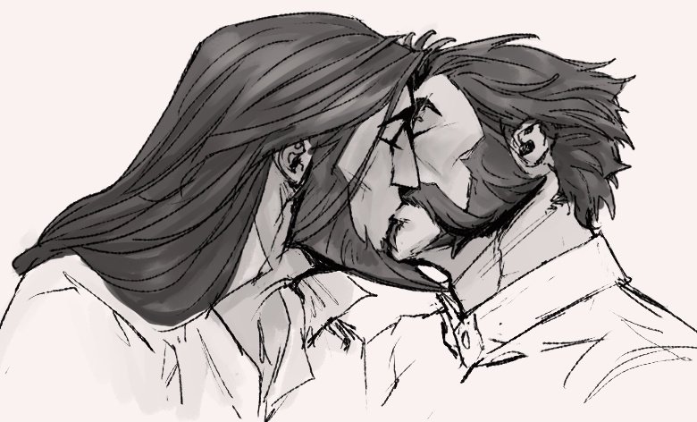 2boys, analligator, bara, beard, closed_eyes, couple, cropped_shoulders, facial_hair