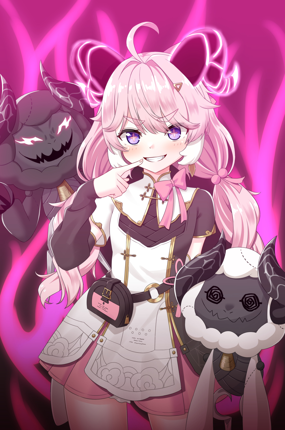 1girl, ahoge, arm_warmers, bag, bell, black_arm_warmers, black_background, black_bag