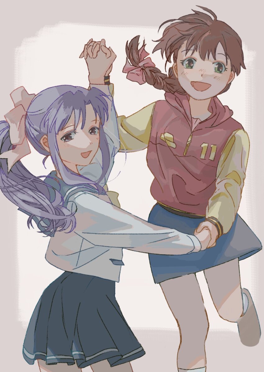 2girls, black_skirt, blue_skirt, border, bow, braid, braided_ponytail, brown_border, brown_eyes, brown_hair, commentary_request, curtained_hair, feet_out_of_frame, gakkou_no_kaidan_(anime), green_eyes, hair_bow, hide_tani, highres, holding_hands, hood, hood_down, hoodie, interlocked_fingers, koigakubo_momoko, long_hair, long_sleeves, looking_at_viewer, miyanoshita_satsuki, multiple_girls, open_mouth, outside_border, pink_bow, ponytail, purple_hair, red_hoodie, school_uniform, serafuku, shirt, simple_background, skirt, smile, standing, standing_on_one_leg, tareme, white_background, white_shirt, yellow_sleeves