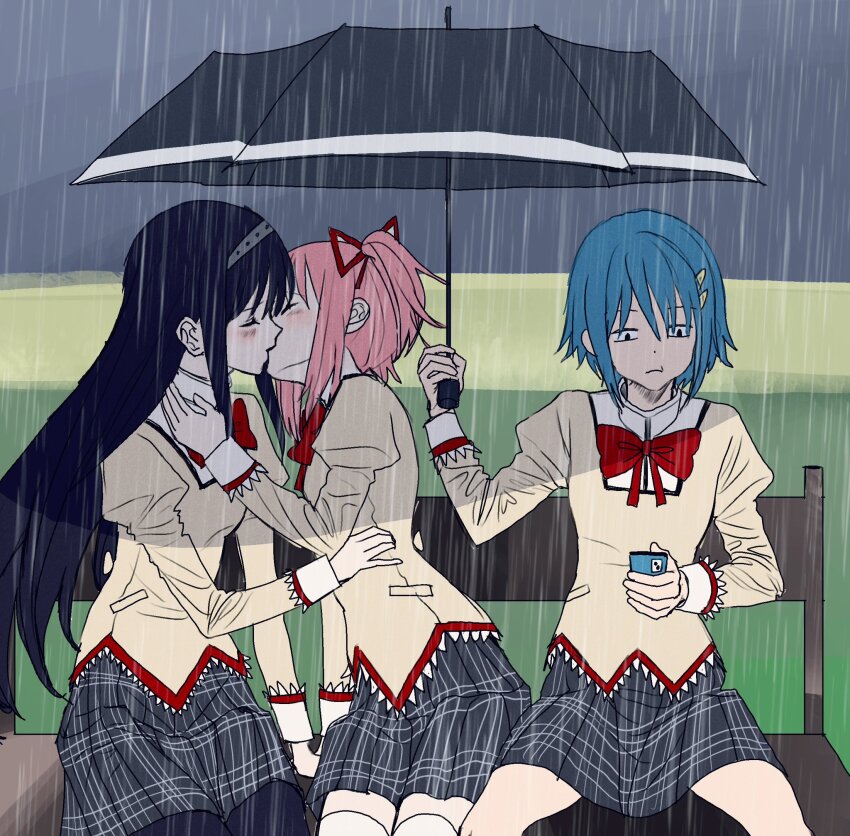 3girls, akemi_homura, black_hair, black_skirt, blue_hair, blush, bow, bowtie, bub_bub20, cellphone, closed_eyes, commentary, english_commentary, grass, hair_ornament, hair_ribbon, hairclip, highres, holding, holding_phone, juliet_sleeves, kaname_madoka, long_hair, long_sleeves, mahou_shoujo_madoka_magica, mahou_shoujo_madoka_magica_(anime), miki_sayaka, mitakihara_school_uniform, multiple_girls, on_bench, outdoors, phone, pink_hair, plaid_clothes, plaid_skirt, puffy_sleeves, rain, red_bow, red_bowtie, red_ribbon, ribbon, school_uniform, shirt, short_hair, short_twintails, sitting, skirt, smartphone, twintails, yellow_shirt, yuri
