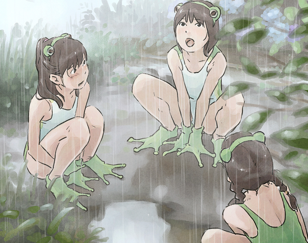 3girls, animal_costume, blush, brown_hair, casual_one-piece_swimsuit, flat_chest, frog_costume, multiple_girls
