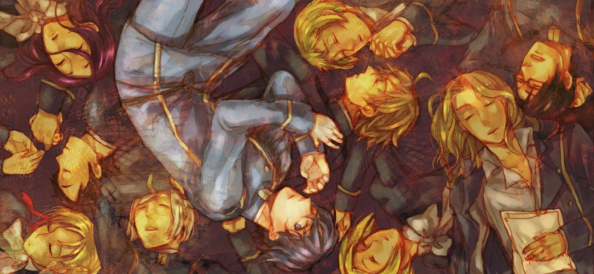 6+boys, adolf_hitler_(houkago_no_charisma), albert_einstein_(houkago_no_charisma), arms_up, blonde_hair, bow, character_request, clone, closed_eyes, glasses, houkago_no_charisma, ikkyu_soujun, kamiya_shirou, long_hair, long_sleeves, male_focus, multiple_boys, n_(n_co), napoleon_bonaparte_(houkago_no_charisma), own_hands_together, purple_hair, red_ribbon, ribbon, school_uniform, short_hair, sigmund_freud_(houkago_no_charisma), sleeping, stuffed_animal, stuffed_toy, white_bow, wolfgang_amadeus_mozart_(houkago_no_charisma)