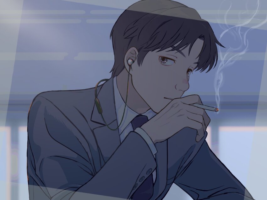 1boy, black_hair, black_necktie, blurry, blurry_background, border, brown_jacket, cigarette