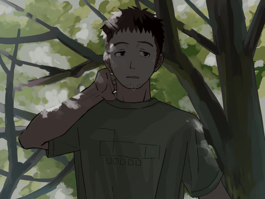 1boy, brown_eyes, brown_hair, dappled_sunlight, facial_hair, frown, goatee_stubble, green_shirt