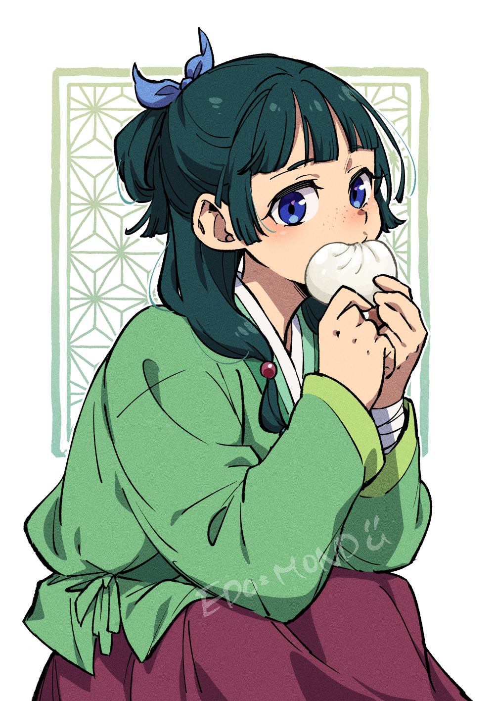 1girl, aoqun, arm_wrap, steamed_bun, blue_eyes, chinese_clothes, commentary, eating, edomon-do, food, freckles, hair_ribbon, hanfu, highres, kusuriya_no_hitorigoto, long_hair, maomao_(kusuriya_no_hitorigoto), ribbon, sitting, skirt, solo