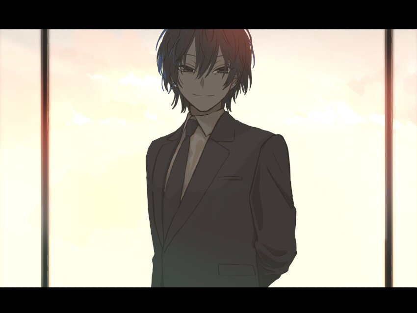 1boy, arms_behind_back, black_eyes, black_hair, black_jacket, black_necktie, black_sheep_town, closed_mouth