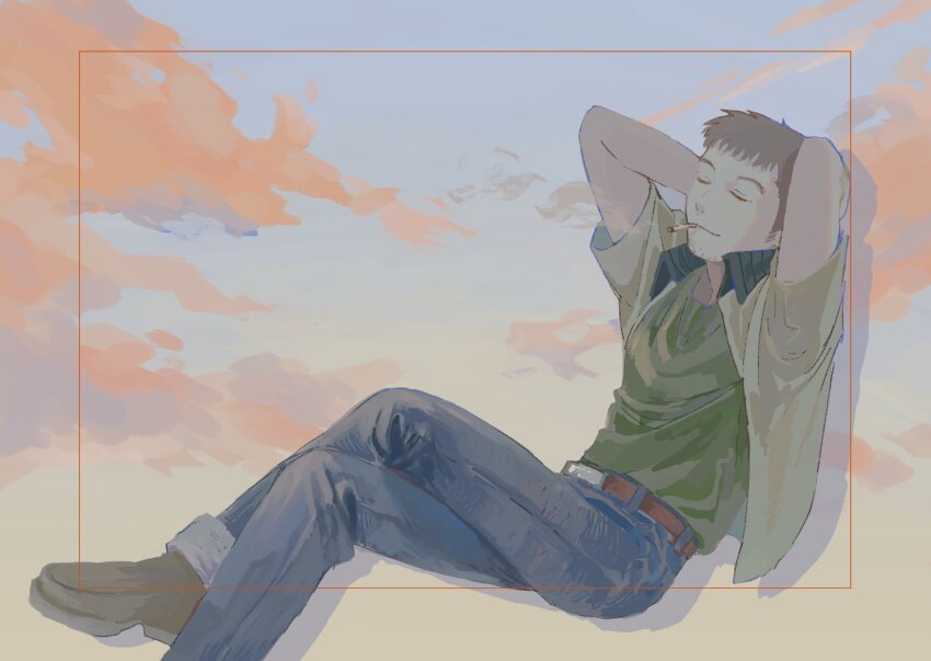 1boy, arms_behind_head, belt, blue_sky, boots, brown_belt, brown_boots, brown_hair