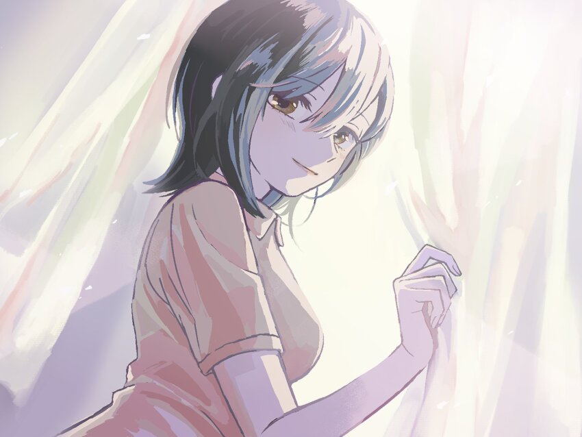 1girl, black_hair, black_sheep_town, blush, breasts, brown_eyes, closed_mouth, collared_shirt