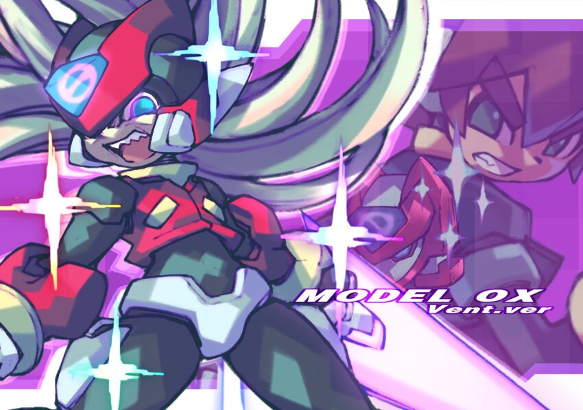 1boy, armor, biometal, black_bodysuit, blonde_hair, blue_eyes, bodysuit, brown_hair